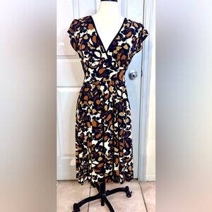 90s Y2K Stretch Jersey Midi Dress Small Empire Waist Babydoll Cap Sleeve Print